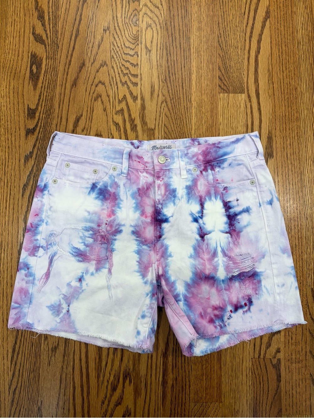 Madewell 5" Tie-Dye 100% Cotton Distressed Raw Hem Cutoff Denim Shorts (28)